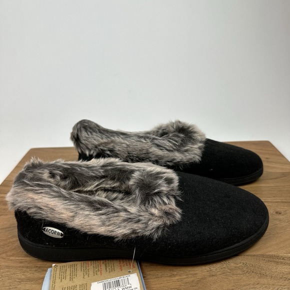 New NWT Acorn Chinchilla Collar Black Faux Fur Slippers‎ Shoes Size 6.5 - 7.5 W - Picture 1 of 8